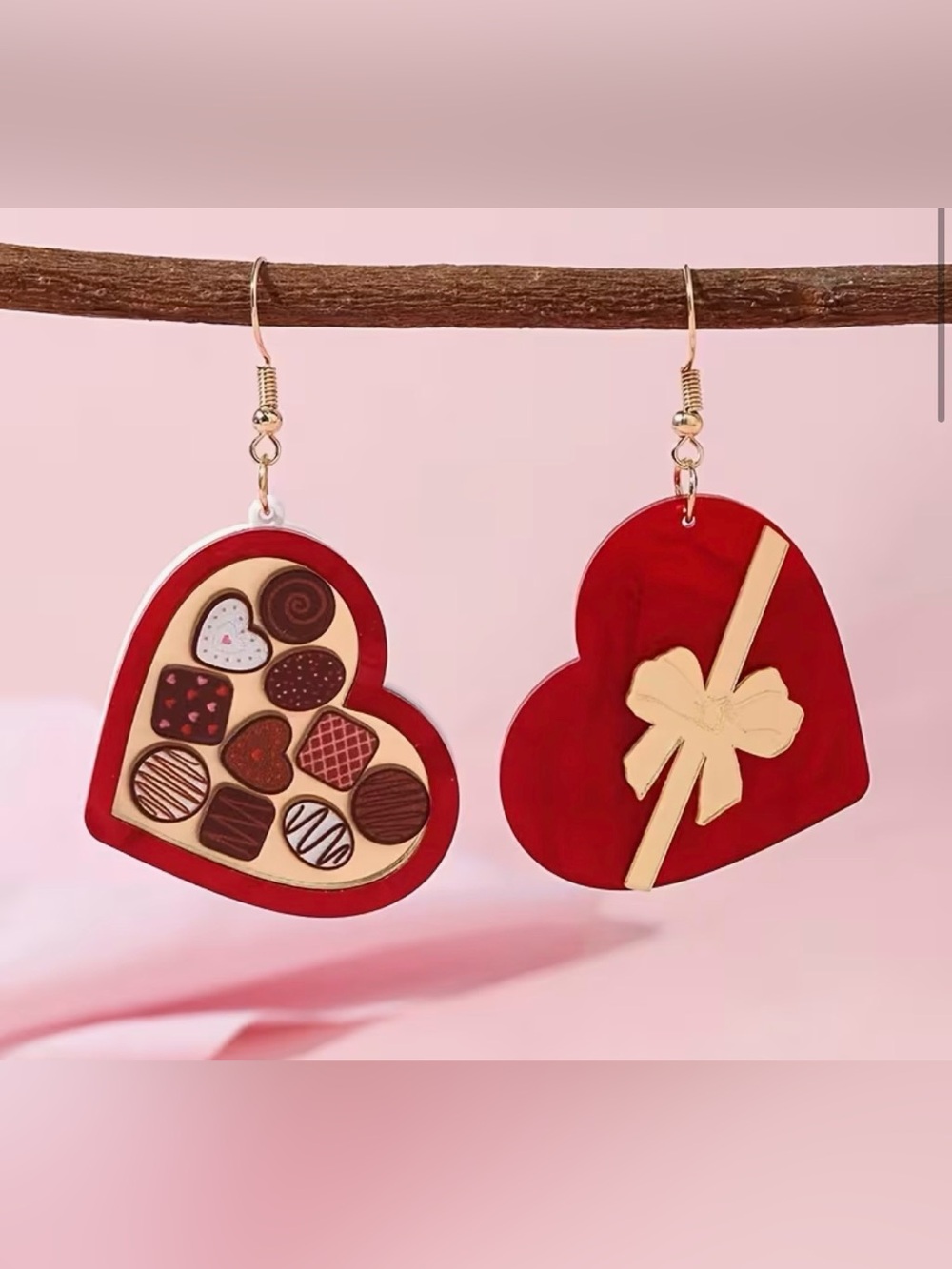 Heart Chocolate Box Shaped Dangling Earrings - Red & Gold - 1 pair
